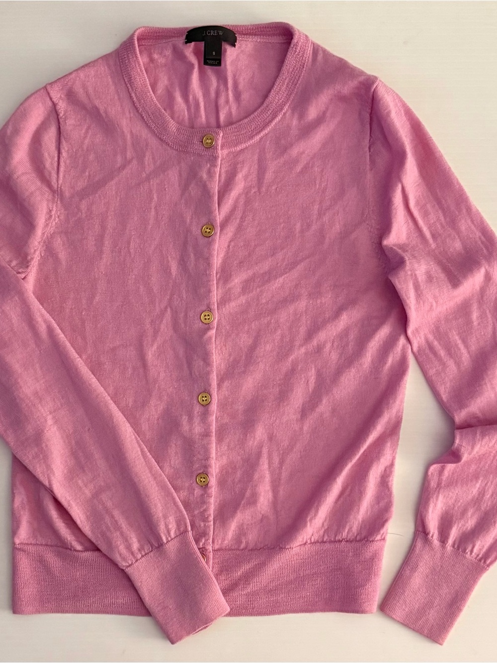 J.Crew Pink 100% Merino Wool Jackie Cardigan Sweater Gold Buttons Women's Sm